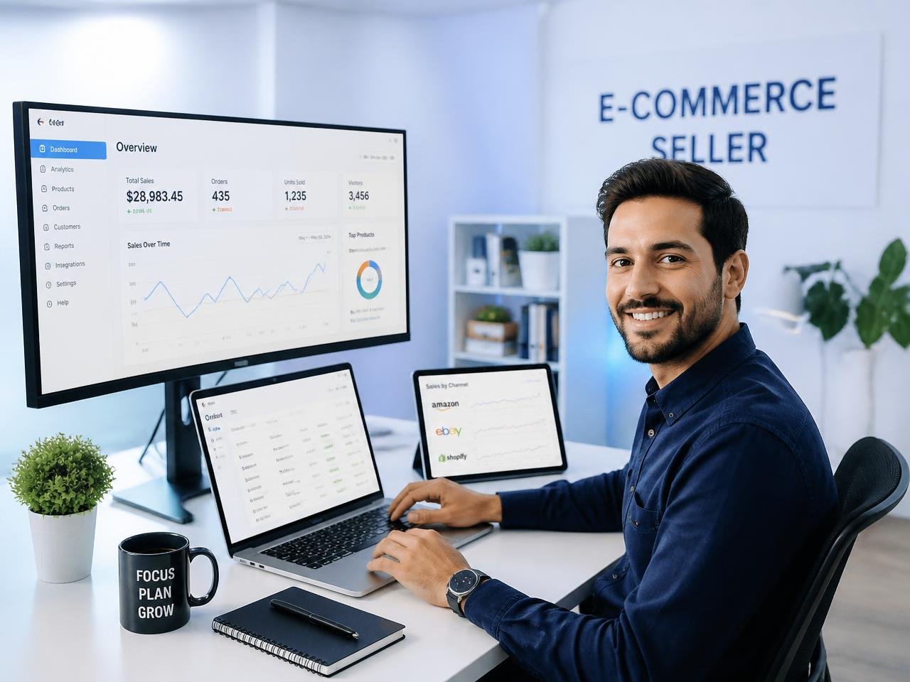 E-commerce seller managing Amazon, eBay and Shopify marketplace accounts from one desk